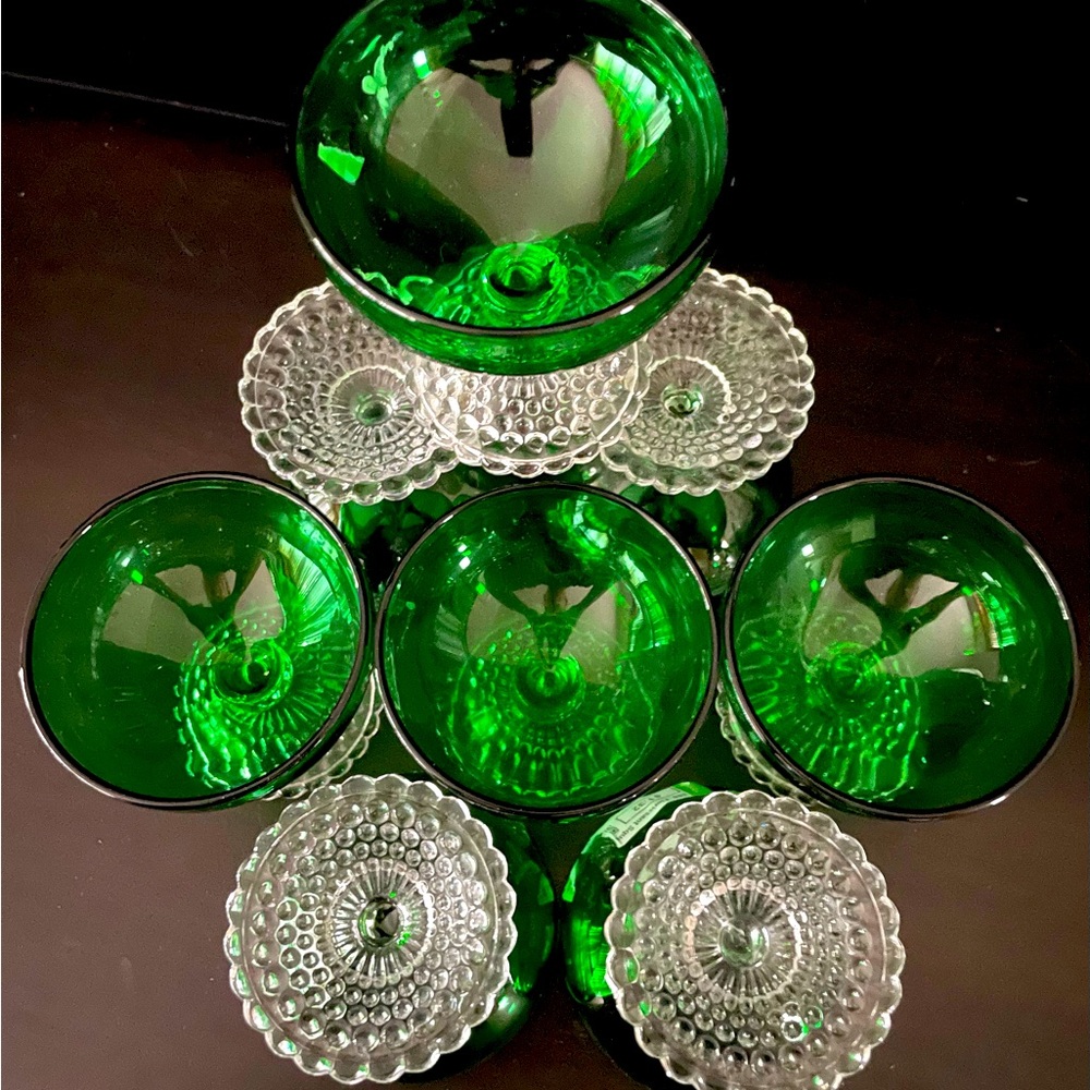 (12) VINTAGE ANCHOR HOCKING Berwick Mid Century Forest Green Boopie Bubble Foot